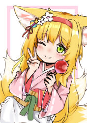 Rule 34 | 1girl, ;), animal ear fluff, animal ears, apron, arknights, blonde hair, blush, candy apple, closed mouth, flower, food, fox ears, fox girl, fox tail, frilled apron, frills, green eyes, hair flower, hair ornament, hairband, highres, holding, holding food, japanese clothes, kimono, kitsune, kyuubi, long hair, long sleeves, looking at viewer, multiple tails, nasumikan (nodoame241), obi, official alternate costume, one eye closed, pink kimono, red hairband, sash, simple background, smile, solo, split mouth, suzuran (arknights), suzuran (yukibare) (arknights), tail, v, waist apron, white apron