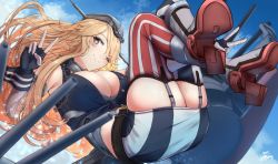 Rule 34 | 1girl, anchor, ass, asymmetrical legwear, belt, blonde hair, blue eyes, blue sky, blush, breasts, chain, cleavage, commentary, day, elbow gloves, english commentary, fingerless gloves, front-tie top, garter straps, gloves, hair between eyes, headgear, highres, iowa (kancolle), ippers, kantai collection, large breasts, long hair, looking at viewer, machinery, miniskirt, mismatched legwear, one eye closed, outdoors, rigging, rudder footwear, simple background, skirt, sky, smile, solo, star-shaped pupils, star (symbol), striped clothes, striped thighhighs, symbol-shaped pupils, thighhighs, turret, v, vertical-striped clothes, vertical-striped thighhighs