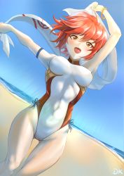 Rule 34 | 1girl, :d, absurdres, arm strap, arm up, armpits, beach, blue ribbon, blue sky, bracelet, breasts, brown eyes, casual one-piece swimsuit, covered erect nipples, day, deekei, dutch angle, fire emblem, fire emblem fates, gluteal fold, hair between eyes, highleg, highleg swimsuit, highres, hinoka (fire emblem), jewelry, medium breasts, nintendo, one-piece swimsuit, open mouth, outdoors, outstretched arm, red hair, ribbon, short hair, sky, smile, solo, standing, swimsuit, thigh gap, white one-piece swimsuit