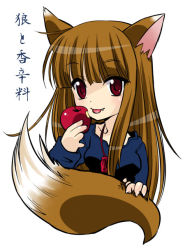 Rule 34 | 00s, 1girl, animal ears, apple, eating, food, fruit, holding, holding food, holding fruit, holo, solo, spice and wolf, tail, wolf ears, wolf tail