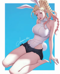 Rule 34 | 1girl, animal ears, bare shoulders, black shorts, blonde hair, blue background, border, braid, breasts, citemer, earrings, facial mark, full body, gongsun li, highres, jewelry, leotard, lips, lipstick, long hair, looking at viewer, makeup, nail polish, orange nails, rabbit ears, rabbit girl, rabbit tail, shorts, signature, simple background, sitting, soles, solo, tail, toes, torn clothes, torn shorts, wangzhe rongyao, wariza, white border, white leotard, yellow eyes