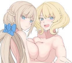 Rule 34 | 2girls, blonde hair, blue bow, blue eyes, bow, braid, breast press, breasts, colorado (kancolle), completely nude, highres, kantai collection, ken (shutenndouji1), large breasts, long hair, maryland (kancolle), multiple girls, nude, open mouth, side braids, symmetrical docking, upper body, white background, yuri