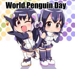Rule 34 | african penguin (kemono friends), animal costume, black hair, gloves, headphones, highres, humboldt penguin (kemono friends), kemono friends, kemono friends v project, long hair, looking at viewer, microphone, multicolored hair, multiple girls, open mouth, penguin costume, penguin tail, rakugaki arai, shirt, short hair, simple background, smile, straight hair, tail, virtual youtuber, white background