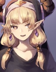 Rule 34 | + +, 1girl, absurdres, blonde hair, demon horns, earrings, grey shirt, highres, horns, jewelry, long hair, looking to the side, low twintails, okame nin, open mouth, original, pointy ears, portrait, purple background, purple eyes, shirt, simple background, solo, twintails, urushia (okame nin), veil