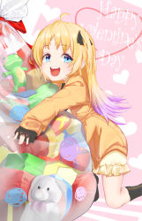 Rule 34 | 1girl, absurdres, ahoge, black ribbon, black socks, blonde hair, blue eyes, charlotte izoard, commentary request, dress, happy valentine, heart, highres, jacket, kneehighs, long hair, looking at viewer, multicolored hair, mute fanta855, open mouth, orange jacket, purple hair, ribbon, ryuuou no oshigoto!, sleeves past wrists, smile, socks, solo, two-tone hair, two side up