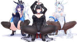 Rule 34 | 3girls, alternate costume, animal ears, arms up, bare shoulders, black footwear, black gloves, black hair, black leotard, black pantyhose, blue archive, blue eyes, blue nails, blush, bow, bowtie, breasts, brown pantyhose, cameltoe, cleft of venus, commentary, covered navel, detached collar, fake animal ears, fake tail, full body, gloves, groin, groin tendon, hair ornament, hairband, halo, hand on own leg, high heels, highleg, highleg leotard, highres, holding, holding pole, jacket, jacket partially removed, large breasts, legs apart, leotard, long hair, long sleeves, looking at viewer, mechanical halo, multiple girls, nail polish, noa (blue archive), off shoulder, open clothes, open jacket, pantyhose, parted lips, playboy bunny, pole, pole dancing, pumps, purple eyes, purple hair, rabbit ears, rabbit tail, red bow, red bowtie, red eyes, rio (blue archive), smile, spread legs, squatting, stripper pole, symbol-only commentary, tail, thighhighs, thighs, two-sided fabric, two-sided jacket, two side up, white footwear, white hair, white hairband, white jacket, white leotard, yoru0409, yuuka (blue archive)
