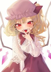Rule 34 | 1girl, :d, adapted costume, backlighting, blonde hair, bloom, fangs, flandre scarlet, half-closed eyes, hat, looking at viewer, mob cap, mokokiyo (asaddr), nail polish, open mouth, red eyes, red nails, see-through, see-through sleeves, sharp teeth, simple background, skirt, smile, solo, teeth, touhou, white background, wings
