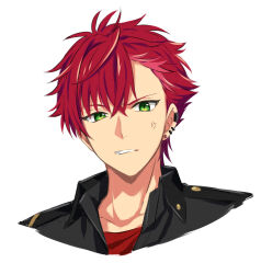 Rule 34 | 1boy, anger vein, clenched teeth, collared shirt, commentary request, ear piercing, earrings, green eyes, helios rising heroes, highres, jewelry, looking at viewer, male focus, otori akira, partial commentary, piercing, portrait, red hair, sekina, shirt, short hair, simple background, solo, teeth, white background