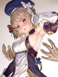 Rule 34 | 1boy, 1girl, arm up, armpits, azur lane, bare shoulders, beret, black headwear, bow, breasts, brown hair, cross, detached sleeves, disembodied hand, elbow gloves, from below, gloves, gradient background, grey background, hat, hat bow, highres, iron cross, medium breasts, open mouth, purple eyes, rui rubellent, short hair, sideboob, sweat, upper body, white bow, white gloves, z23 (azur lane)