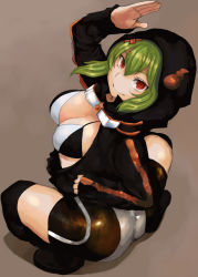 Rule 34 | 1girl, :d, ass, bad id, bad pixiv id, belko, bike shorts, bikini, bikini top only, breasts, cleavage, digimon, digimon world re:digitize, female focus, from above, from behind, goggles, goggles around neck, green hair, hood, large breasts, looking at viewer, looking back, looking up, open mouth, red eyes, salute, shadow, shinomiya rina, simple background, smile, solo, squatting, swimsuit, unzipped