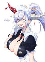 Rule 34 | 1girl, absurdres, apron, artist name, asymmetrical horns, azur lane, bad id, bad pixiv id, between breasts, black necktie, breasts, center opening, earrings, fangs, from side, gloves, hachi5art, hair between eyes, hair on horn, hakuryuu (azur lane), hakuryuu (slice dice and serve) (azur lane), highres, horns, jewelry, long hair, maid headdress, mismatched horns, mole, mole on breast, multiple horns, necktie, necktie between breasts, official alternate costume, ponytail, puffy short sleeves, puffy sleeves, red horns, short sleeves, simple background, solo, upper body, white apron, white background, white eyes, white gloves, white hair, white horns