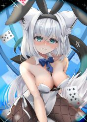 1girl ahoge animal_ear_fluff animal_ears black_bow black_pantyhose blush bow braid breasts bunny_day card commentary_request earrings extra_ears fake_animal_ears fox_ears fox_girl fox_tail green_eyes hair_between_eyes hair_bow hololive jewelry leotard long_hair looking_at_viewer medium_breasts mikazuki_cocolo pantyhose pentagram playboy_bunny playing_card shirakami_fubuki sidelocks single_braid solo tail virtual_youtuber wavy_mouth white_hair white_leotard