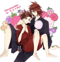 Rule 34 | 00s, 2boys, age difference, barefoot, blush, brown eyes, brown hair, cotton candy, father and son, fish, flower, food, japanese clothes, kratos aurion, lloyd irving, multiple boys, red eyes, red hair, short hair, tales of (series), tales of symphonia