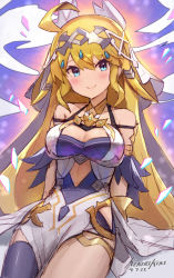 Rule 34 | 1girl, ahoge, bare shoulders, blonde hair, blue eyes, blush, breasts, cleavage, closed mouth, clothing cutout, dated, dragalia lost, dress, hair ornament, highres, long hair, looking at viewer, medium breasts, punished pigeon, ribbon, single thighhigh, sitting, smile, thighhighs, tiara, zethia