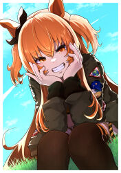 Rule 34 | 1girl, absurdres, animal ears, belt, bomber jacket, bow, brown thighhighs, cloud, commentary, contrail, dated, day, ear bow, feet out of frame, gashitani, grass, green jacket, grin, hair between eyes, head rest, highres, horse ears, jacket, long hair, long sleeves, looking at viewer, mayano top gun (umamusume), orange eyes, orange hair, outdoors, shorts, signature, sitting, smile, solo, thighhighs, two side up, umamusume, white shorts