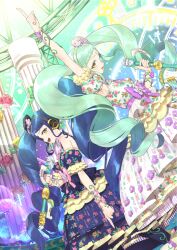 Rule 34 | 2girls, :d, arm up, armpits, back-to-back, blue dress, blue hair, bow, braid, braided bangs, clock, column, commentary request, detached sleeves, dress, dutch angle, falala a larm, floral print, flower, frilled dress, frilled sleeves, frills, from side, garara s leep, glowing, green hair, hand up, head chain, headphones, highres, hitoto, holding, holding microphone, idol, idol clothes, idol time pripara, index finger raised, jewelry, long hair, looking at viewer, microphone, multiple girls, music, open mouth, pillar, pink bow, pink flower, pink rose, pretty series, print dress, pripara, puffy detached sleeves, puffy sleeves, purple bow, rose, siblings, sidelocks, singing, sisters, smile, twins, twintails, very long hair, white dress, wrist flower, yellow eyes, yellow flower, yellow rose
