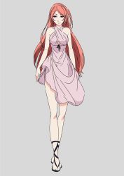 Rule 34 | 1girl, absurdres, arms at sides, bare legs, bare shoulders, dress, evillious nendaiki, full body, grey background, halterneck, highres, long hair, ma survival (vocaloid), purple dress, red eyes, red hair, sandals, sf-a2 miki, short dress, side ponytail, simple background, sleeveless, sleeveless dress, solo, tokudaiji, very long hair, vocaloid, 「ma」 survival (vocaloid)