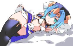 Rule 34 | 1girl, armpits, bed sheet, black thighhighs, blue hair, blush, breasts, clothes lift, glowing, glowing eyes, green eyes, hair between eyes, hair intakes, hat, headpiece, hellmatio, karukan (monjya), lifting own clothes, long sleeves, lying, navel, on side, parted lips, pointy ears, puffy long sleeves, puffy sleeves, purple hat, shinrabanshou, skirt, skirt lift, skull, small breasts, solo, thick eyebrows, thighhighs, white background, white skirt