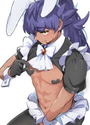Rule 34 | 1boy, abs, alternate costume, animal ears, blush, bow, bowtie, closed mouth, clothes lift, commentary request, creatures (company), fake animal ears, frills, game freak, gem, gloves, hairband, heart pasties, highres, leon (pokemon), male focus, navel, nintendo, pasties, pectorals, pokemon, pokemon swsh, rabbit ears, raised eyebrows, red gemstone, shirt, shirt lift, short sleeves, solo, sweatdrop, white background, white bow, white bowtie, wrist cuffs, yellow eyes, yunoru