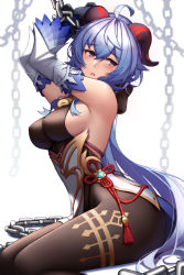 Rule 34 | 1girl, ahoge, armpits, arms up, bare shoulders, bdsm, black gloves, blue hair, blush, bodystocking, bondage, bound, bound wrists, breasts, chain, chained, detached sleeves, dydydyok, flower knot, from side, ganyu (genshin impact), genshin impact, gloves, highres, horns, long hair, long sleeves, looking at viewer, looking to the side, low ponytail, medium breasts, open mouth, purple eyes, red ribbon, ribbon, sideboob, simple background, sitting, solo, tassel, thighs, very long hair, vision (genshin impact), white background