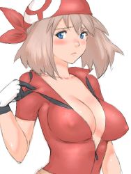 Rule 34 | 1girl, aged up, alternate breast size, bandana, blue eyes, blush, breasts, brown hair, cleavage, covered erect nipples, creatures (company), fumio (rsqkr), game freak, gloves, hat, large breasts, light brown hair, may (pokemon), nintendo, no bra, open clothes, open shirt, pokemon, shirt, simple background, sketch, solo, upper body, white background, zipper