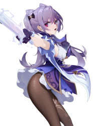 Rule 34 | 1girl, absurdres, arm up, breasts, chinese commentary, collar, commentary request, cone hair bun, eyes visible through hair, frown, genshin impact, gloves, grey gloves, grey pantyhose, hair between eyes, hair bun, hair ornament, highres, holding, holding sword, holding weapon, keqing (genshin impact), long hair, open mouth, pantyhose, pink eyes, purple hair, sideboob, simple background, sleeveless, solo, standing, sword, twintails, weapon, white background, wucanming