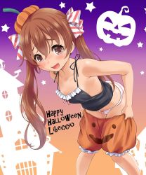 Rule 34 | 1girl, blush, brown eyes, brown hair, character name, collarbone, fang, feet out of frame, hair between eyes, halloween, halloween costume, happy halloween, highres, kantai collection, libeccio (kancolle), long hair, neko danshaku, official alternate costume, open mouth, orange shorts, panties, pumpkin hat, shorts, skin fang, solo, striped clothes, striped panties, twintails, underwear, white panties