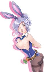 Rule 34 | 1girl, animal ears, artist request, ass, belt, blush, bound, breasts, carrot, cleavage, collar, crying, fake animal ears, from behind, hair over one eye, league of legends, necktie, open mouth, pantyhose, playboy bunny, ponytail, rabbit ears, rabbit tail, riven (league of legends), short hair, solo, tail, tears, teeth, tied up, white hair, yellow eyes