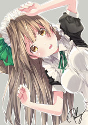 Rule 34 | 10s, 1girl, apron, black dress, bow, breasts, brown eyes, brown hair, dress, green ribbon, grey background, hair bow, hair ornament, hair ribbon, leaning to the side, long hair, looking at viewer, love live!, love live! school idol project, maid, maid apron, maid headdress, medium breasts, minami kotori, mogyutto &quot;love&quot; de sekkin chuu!, neck ribbon, open mouth, puffy short sleeves, puffy sleeves, re lucy, ribbon, short sleeves, side ponytail, signature, simple background, solo, teeth, upper body, yellow eyes