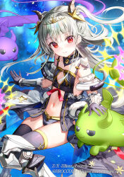 Rule 34 | 1girl, armored boots, bare shoulders, black gloves, black thighhighs, boots, breasts, closed mouth, commentary request, detached sleeves, dragon princess (z/x), feet out of frame, fujima takuya, gloves, grey hair, hair between eyes, horns, long hair, looking at viewer, navel, puffy short sleeves, puffy sleeves, red eyes, short sleeves, sitting, small breasts, smile, solo, space, thighhighs, tiara, very long hair, white sleeves, z/x