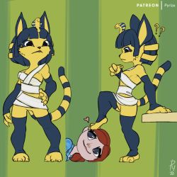 Rule 34 | 2girls, ?, animal crossing, animal ears, animal hands, ankha (animal crossing), arm support, arm warmers, artist name, bandages, bare shoulders, barefoot, black eyes, blue eyes, blue eyeshadow, blue hair, blue legwear, blue shirt, blunt bangs, breasts, brown hair, cat ears, cat tail, claws, closed mouth, dated, egyptian, eyeshadow, female focus, foot on head, foot up, from side, full body, furry, furry female, green background, hair ornament, hand on own hip, hand up, happy, heart, leg warmers, long hair, looking at another, looking down, makeup, multiple girls, multiple views, nintendo, no pussy, on ground, open mouth, patreon username, plaid, plaid shirt, ponytail, profile, pyriax, shirt, short hair, signature, simple background, small breasts, smile, snake hair ornament, standing, tail, two-tone background, villager (animal crossing), watermark, yuri