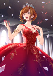 Rule 34 | 1girl, :d, akiyoshi (tama-pete), arch, armlet, beamed eighth notes, breasts, brown eyes, brown hair, cleavage, collarbone, cowboy shot, dress, earrings, eighth note, formal, indoors, jewelry, medium breasts, meiko (vocaloid), music, musical note, nail polish, open mouth, outstretched arm, petals, quarter note, red dress, red nails, short hair, sleeveless, sleeveless dress, smile, solo, tiara, vocaloid