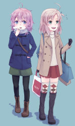Rule 34 | 10s, 2girls, :d, ahoge, alternate costume, ankle boots, aoba (kancolle), argyle, argyle clothes, argyle legwear, bag, black footwear, black gloves, blue background, blue eyes, boots, breath, brown footwear, casual, coat, cross-laced footwear, gloves, green eyes, hands in pockets, kantai collection, kinugasa (kancolle), knee boots, lace-up boots, multiple girls, one side up, open mouth, pantyhose, pink hair, pleated skirt, ponytail, purple hair, red skirt, scarf, shikajima shika, shopping bag, shorts, simple background, skirt, smile, sweater, thighhighs, winter clothes, winter coat