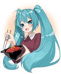 Rule 34 | 1girl, :d, absurdres, aqua nails, blue eyes, blue hair, blush, bowl, breasts, chopsticks, commentary request, cropped torso, egg, eyebrows hidden by hair, hatsune miku, highres, holding, holding bowl, holding chopsticks, long hair, long sleeves, looking down, nail polish, open mouth, purple shirt, reirou (chokoonnpu), shirt, simple background, small breasts, smile, solo, twintails, upper body, vocaloid, white background, wing collar