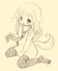 Rule 34 | 1girl, animal ears, bad id, bad pixiv id, blush, copyright request, furry, furry female, kishibe, long hair, monochrome, nude, simple background, sitting, smile, solo, tail, thighhighs, wariza