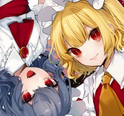 Rule 34 | 2girls, :d, ascot, bat wings, blonde hair, blue hair, blush, brooch, commentary request, daimaou ruaeru, dress, eyes visible through hair, fangs, flandre scarlet, frilled shirt collar, frills, hair between eyes, hat, hat ribbon, highres, jewelry, lips, looking at viewer, mob cap, multiple girls, open mouth, puffy short sleeves, puffy sleeves, red ascot, red eyes, red ribbon, red sash, red vest, remilia scarlet, ribbon, sash, short sleeves, siblings, simple background, sisters, slit pupils, smile, touhou, upper body, upside-down, vest, white background, white dress, white hat, wings, yellow ascot