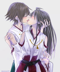 Rule 34 | 10s, 2girls, against glass, bare shoulders, black hair, blush, brown hair, detached sleeves, artistic error, closed eyes, gogono pan&#039;ya, haruna (kancolle), hiei (kancolle), highres, japanese clothes, kantai collection, kiss, long hair, multiple girls, nontraditional miko, open mouth, personification, short hair, skirt, sweat, tears, tongue, yuri