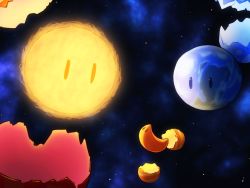 Rule 34 | commentary request, crescent moon, earth (planet), eggshell, eye contact, highres, looking at another, moon, no humans, original, shirosato, space, star (sky), sun, | |