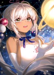 Rule 34 | 1girl, :d, absurdres, ahoge, bow, breasts, brown eyes, commentary request, constellation, dark-skinned female, dark skin, elbow gloves, gloves, hair ornament, highres, hololive, hololive english, huge breasts, libra (constellation), long hair, looking at viewer, open mouth, planet, planet hair ornament, polla, revision, sideboob, sleeveless, smile, solo, star (symbol), starry background, teeth, tsukumo sana, tsukumo sana (1st costume), twitter username, upper teeth only, virtual youtuber, white hair