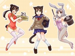 Rule 34 | 3girls, animal ears, bad id, bad pixiv id, bag, bear tail, black hair, brown eyes, rabbit, cat, cat ears, cat tail, china dress, chinese clothes, dress, fake animal ears, green eyes, hat, high heels, highres, itsuki (otsugei), long hair, low twintails, multiple girls, original, otsugei, panda, panda ears, panda tail, pantyhose, playboy bunny, ponytail, rabbit ears, red eyes, school uniform, serafuku, shoes, short hair, silver hair, tail, thighhighs, top hat, twintails, wand