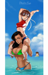 Rule 34 | 0 0, 1boy, 2girls, :d, armpits, arms up, artist name, asymmetrical hair, bare arms, bare legs, bare shoulders, barefoot, bikini, black hair, blood, blue sky, bracelet, breasts, brown eyes, brown hair, capcom, carrying, cleavage, closed mouth, cloud, collarbone, covered erect nipples, dandon fuga, dark skin, day, empty eyes, head tilt, headband, horizon, innertube, jewelry, kasugano sakura, large breasts, laura matsuda, lips, long hair, looking at viewer, md5 mismatch, midriff, multiple girls, navel, nosebleed, ocean, open mouth, outdoors, piggyback, resized, resolution mismatch, ryu (street fighter), short hair, shoulder carry, sky, smile, stomach, street fighter, street fighter v, summer, swim ring, swimsuit, wading, water