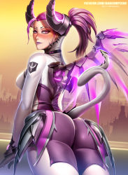 Rule 34 | 1girl, ass, badcompzero, blush, bodysuit, breasts, horns, lipstick, long hair, looking at viewer, looking back, makeup, mechanical wings, medium breasts, mercy (overwatch), official alternate costume, overwatch, overwatch 1, pink eyes, pink hair, solo, tail, tight clothes, wings