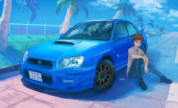 Rule 34 | 1boy, black footwear, blue pants, brown hair, car, closed mouth, collared shirt, commentary request, highres, license plate, male focus, momo hiki, motor vehicle, original, outdoors, palm tree, pants, personification, road, shirt, shoes, short hair, sitting, smile, sneakers, solo, subaru (brand), subaru impreza, tree, vehicle focus, white shirt