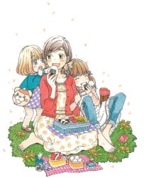 Rule 34 | 3girls, absurdres, arm at side, bag, barefoot, blanket, blue eyes, blue sweater, blunt bangs, blush, bowl, bowl cut, breasts, brown hair, buttons, cardigan, denim, dot nose, dress, eating, egg, flat chest, floral print, flower, food, full body, grass, green eyes, hand on another&#039;s shoulder, hand up, highres, holding, holding food, jeans, juice box, kawamoto akari, kawamoto hinata, kawamoto momo, leaf, light brown hair, locked arms, long sleeves, looking at another, looking to the side, mary janes, medium breasts, multiple girls, official art, onigiri, open cardigan, open clothes, open mouth, pants, pantyhose, petals, picnic, plaid, plaid dress, puffy short sleeves, puffy sleeves, purple dress, red footwear, red sweater, ribbon, sangatsu no lion, shoes, short dress, short sleeves, siblings, side-by-side, side ponytail, simple background, sisters, sitting, spring (season), standing, striped clothes, striped legwear, striped pantyhose, sweater, talking, thermos, twintails, umino chika, wariza, white background, white dress, yellow flower