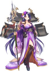 Rule 34 | 1girl, artist request, bare shoulders, black thighhighs, breasts, cleavage, detached sleeves, full body, geta, hair ornament, hair over one eye, holding, holding polearm, holding spear, holding weapon, japanese clothes, kimono, kinkazan (oshiro project), large breasts, long hair, looking at viewer, official art, oshiro project:re, oshiro project:re, polearm, purple hair, purple kimono, red eyes, shachihoko, smile, snake, solo, spear, thighhighs, transparent background, very long hair, weapon