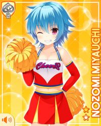 Rule 34 | 1girl, blue hair, card (medium), character name, cheerleader, clenched teeth, closed mouth, elbow gloves, girlfriend (kari), gloves, looking at viewer, miyauchi nozomi, official art, one eye closed, pompoms, purple eyes, qp:flapper, red shirt, red skirt, shirt, short hair, skirt, smile, tagme, teeth, yellow background