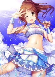 Rule 34 | 1girl, :d, absurdres, armpits, bikini, blue skirt, blue sky, breasts, brown eyes, brown hair, choker, collarbone, commentary request, cowboy shot, day, frilled skirt, frills, highres, idolmaster, idolmaster cinderella girls, layered skirt, looking at viewer, medium hair, ment, midriff, navel, one eye closed, open mouth, outdoors, ponytail, skirt, sky, small breasts, smile, solo, standing, swimsuit, takamori aiko, water, water drop, white bikini, white skirt, wrist cuffs