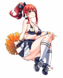 1girl, bangs, bikini, bikini top, breasts, cleavage, cloud, earrings, full body, highres, jewelry, kenron toqueen, knees up, large breasts, miniskirt, navel, original, pleated skirt, pom poms, ponytail, print bikini, red hair, sidelocks, signature, simple background, skirt, smile, solo, swimsuit, thick thighs, thighs, tomatita, white background