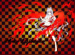 Rule 34 | 1girl, absurdres, barefoot, bow, breasts, checkered background, cleavage, female focus, fiery wings, fujiwara no mokou, gmot, gradient background, hair bow, highres, long hair, red eyes, shorts, silver hair, solo, torn clothes, touhou, underboob, very long hair, wings