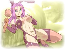 Rule 34 | 1girl, blue eyes, breasts, carrot, closed mouth, commentary request, dragon ball, dragonball z, genderswap, genderswap (mtf), isaki (shimesaba), large breasts, long hair, looking at viewer, playboy bunny, purple hair, solo, trunks (dragon ball), trunks (future) (dragon ball)